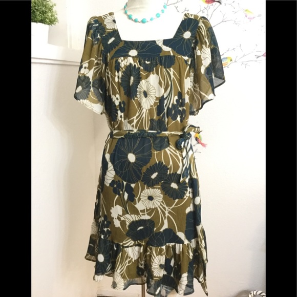 H&M Dresses Hm Sheer Floral Ruffled Tie Shift Dress Green 8 Poshmark